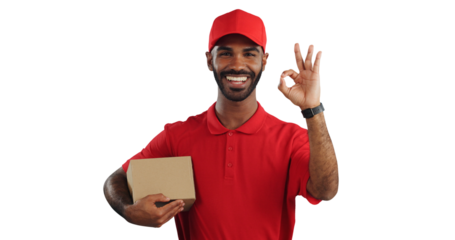 Happy man, portrait and box with ok sign for delivery, order or successful purchase on a transparent PNG background. Smile and young courier guy with like emoji, yes or okay for good job or service