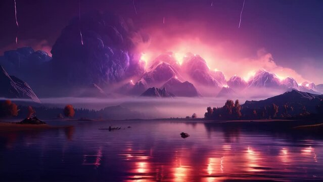 Dark deep violet pink neon night landscape with sea mountains and glowing fireworks lightning beam of energy. Generative AI 4K fantasy world trip video footage. 