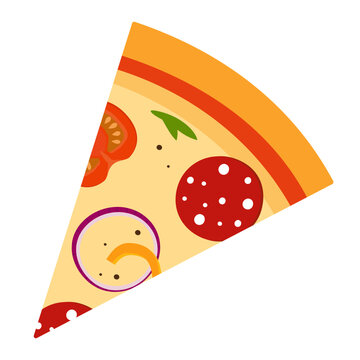 Fresh pizza triangular piece. Pizza with tomato, cheese, olive, sausage, onion, basil. Traditional Italian fast food. Top view meal. Vector illustration.