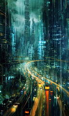 Obraz premium skyline of futuristic electronic night smart city at night, cyberspace and network concept