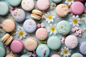 Easter macarons, macarons pattern decorated with spring flowers, pastel colors flat lay