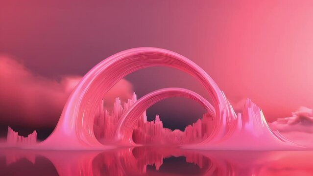 Surreal  landscape with mountains and glossy arches . Generative AI 4K video footage.  arch gate entrance to alternative reality Pink fantasy landscape. 