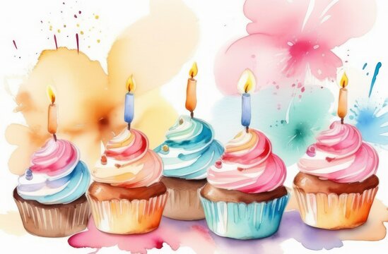 Happy birthday watercolor background. Birthday cupcakes with candles and copy space.