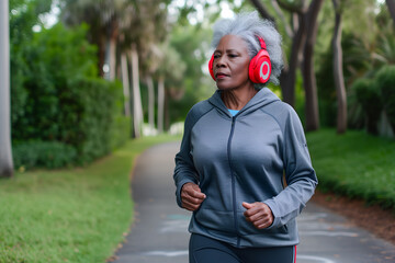 Elderly modern African American woman leading a healthy lifestyle and jogging wearing red headphones