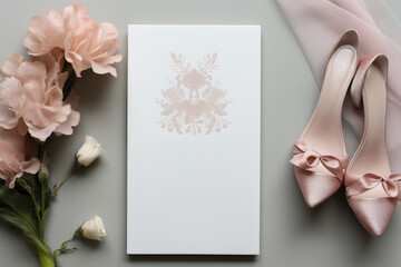 Elegant Wedding Accessories: Ballet Shoes and Floral Invitation Surrounding an Invitation or Announcement
