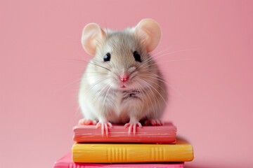 Education concept - rat or mouse sitting on books on pink background. April National Library Day. I love read the books. Cute mouse sitting on the top of books stack