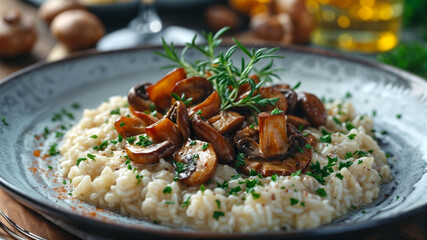 A risotto dish with mushrooms and herbs on a wooden table