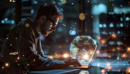 person working online with laptop computer and earth globe hologram overlay, futuristic smart networking concept