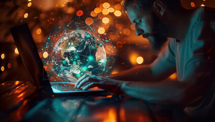 person working online with laptop computer and earth globe hologram overlay, futuristic smart networking concept