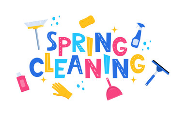 Spring Cleaning Lettering, home cleanup tools and flowers. Spring Cleaning for card, advertising, social media, flyer, poster, banner. Vector illustration.