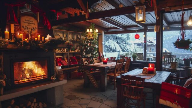 Cozy winter cafe interior with Christmas fireplace, looped footage