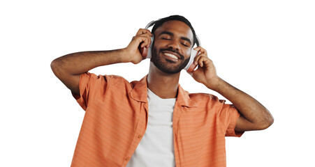 Isolated African man, headphones and smile to listen to music with streaming by transparent png...