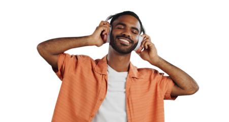 Isolated African man, headphones and smile to listen to music with streaming by transparent png background. Person, audio and happy with sound tech for hearing, radio or subscription with eyes closed