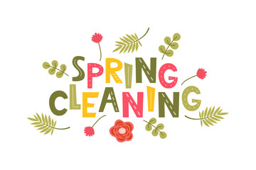 Spring Cleaning Lettering, home cleanup tools and flowers. Spring Cleaning for card, advertising, social media, flyer, poster, banner. Vector illustration. - obrazy, fototapety, plakaty