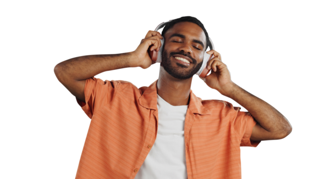 Isolated African man, headphones and smile to listen to music with streaming by transparent png background. Person, audio and happy with sound tech for hearing, radio or subscription with eyes closed