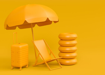 Colorful beach rings, chair, umbrellas and luggage on monochrome background.