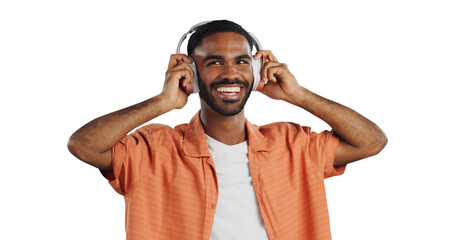 Isolated African man, headphones and happy to listen to music with streaming by transparent png...