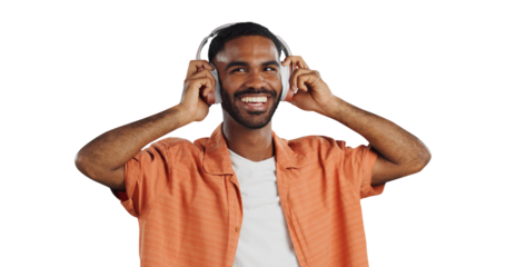 Isolated African man, headphones and happy to listen to music with streaming by transparent png background. Person, audio and smile with sound tech for hearing, radio or subscription for song choice