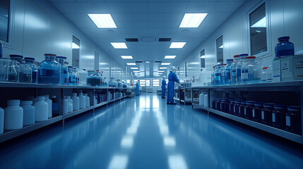 a long hallway in a laboratory filled with bottles and shelves