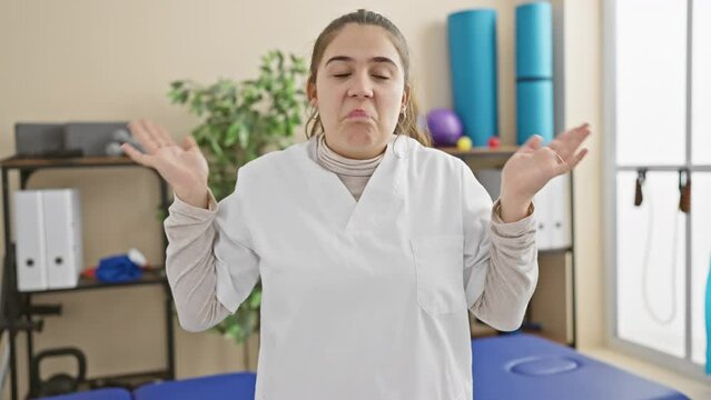 Young, beautiful hispanic woman, nurse at a rehab clinic, stands clueless with a confused expression, arms raised in an ambiguous gesture of disinterest
