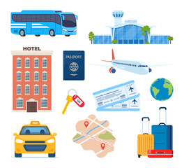 Adventure tourism, travel abroad, summer vacation trip decorative design elements. Set of travel icons. Transport, hotel, baggage, airport. cocktail, palm. Vector illustration.