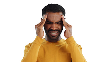 Stress, headache and man with vertigo, pain or tension on isolated, transparent or png background....