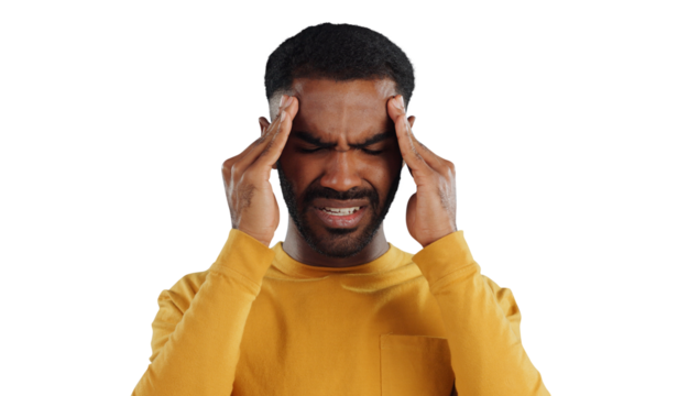 Stress, headache and man with vertigo, pain or tension on isolated, transparent or png background. Brain fog, crisis or male person with temple massage for migraine, anxiety or overthinking disaster