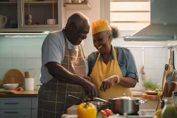 Modern elderly black american couple happy cooking in kitchen