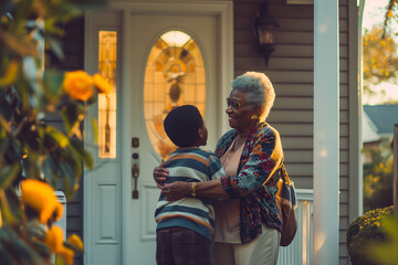 Modern elderly African Americans hugging and spending time with their grandchildren - obrazy, fototapety, plakaty