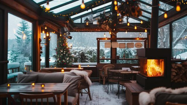 Cozy winter cafe interior with Christmas fireplace, looped footage