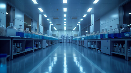 a blurred image of a laboratory with a lot of bottles on the shelves