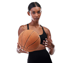 Sports, basketball and serious portrait of woman with exercise, game and training in competition...