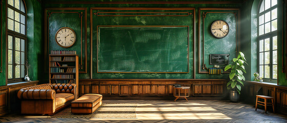 Classic School Classroom Setting with Traditional Desks and a Chalkboard, Invoking Nostalgia for...