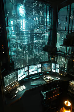 electronic control room with display at factory or industry, surveillance and monitoring station