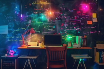 Creative Workspace with Colorful Lighting and Organized Desk