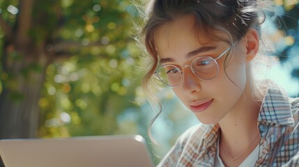 a woman working on a laptop outdoors on a sunny summer day, showcasing the focus and dedication in her eyes as she engages in teleworking.