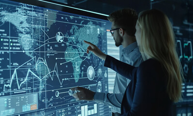 man and woman engineers standing by big screen with technology data, technicians team monitoring work with big digital display