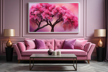 Step into a realm of elegance with a pink sofa and a complementary table in the living room, set against an empty frame ready to showcase your unique style.