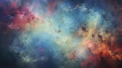 An abstract painting of a nebula, with colors ranging from blue to red, and features a central bar of yellow. The texture is grainy and the overall effect is one of movement and depth. - obrazy, fototapety, plakaty