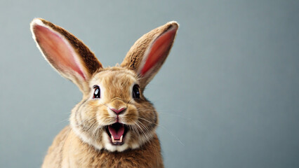 Fototapeta premium Cute Easter bunny on grey background, closeup. Space for text