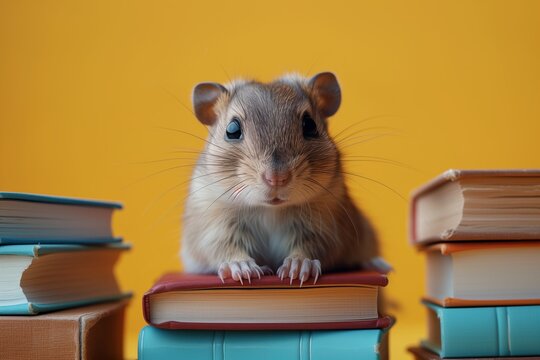 Education concept - humster sitting on books on yellow background. April National Library Day. I love read the books. Cute mouse sitting on the top of books stack