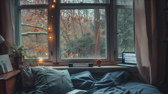 Rainy day cozy room interior with wide wet window with raindrops, looped footage