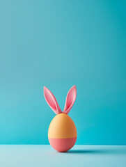 Colorful easter egg with pink bunny ears on a blue background. Minimal Easter concept