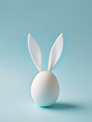 White easter egg with white bunny ears on a light blue background .  Minimal Easter concept
