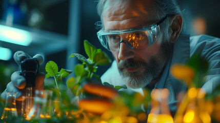Scientist observes plant in beaker in lab with eyewear