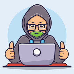 vector cute hacker using laptop cartoon icon flat style