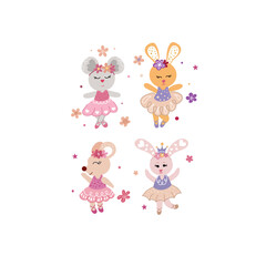 Obraz premium Ballerinas dance. Small ballerinas. Dancing animals. Girls rabbits and teddy bears. Cute vector set.
