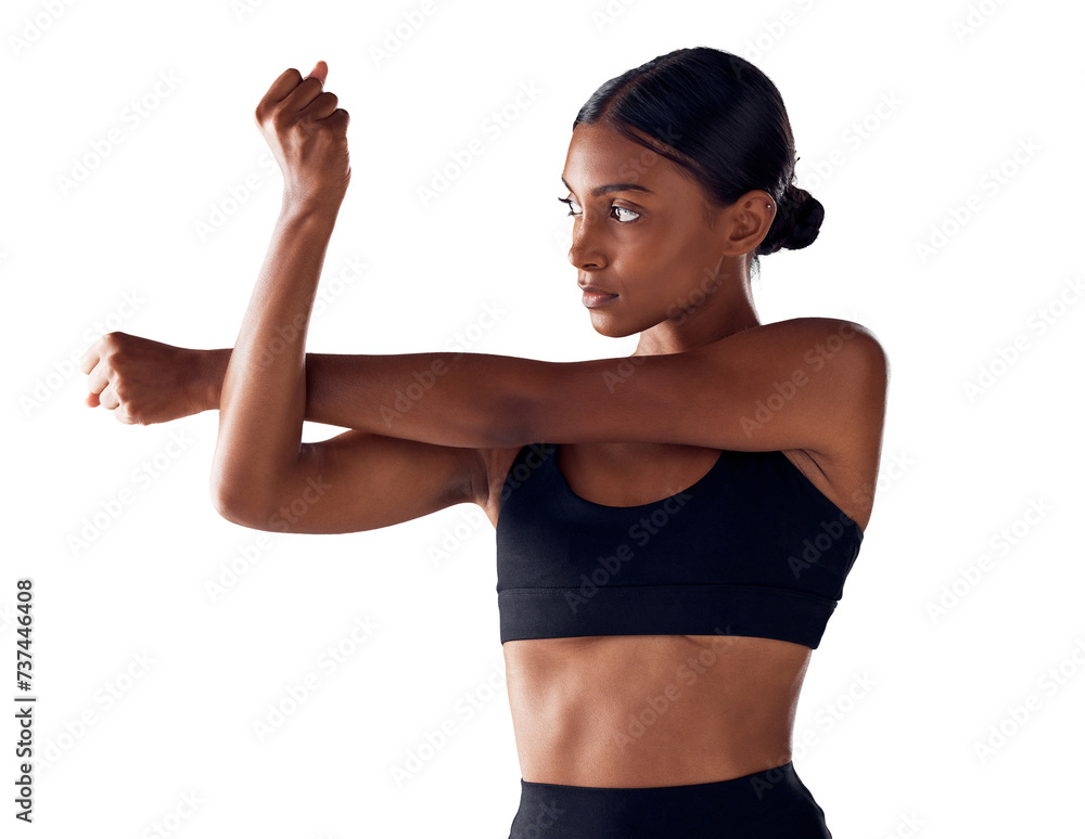 Poster Fitness, health and woman stretching arms for exercise, wellness and body training. Performance, workout and muscle warm up with girl athlete with commitment isolated on transparent png background.