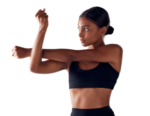 Fitness, health and woman stretching arms for exercise, wellness and body training. Performance, workout and muscle warm up with girl athlete with commitment isolated on transparent png background.