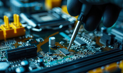technician with tester repair or check computer motherboard or digital chip, man with screwdriver or soldering iron service electronic hardware - obrazy, fototapety, plakaty